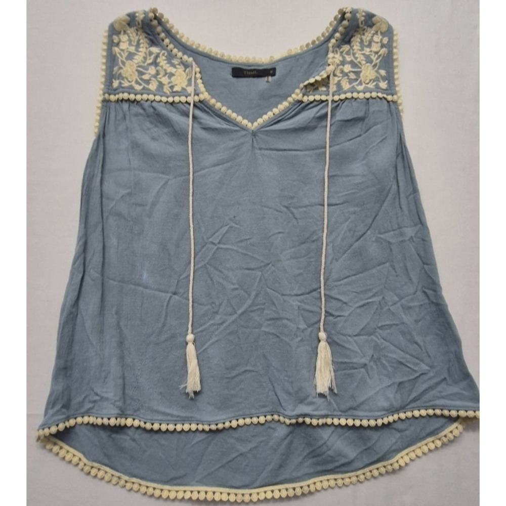 THML Women's Boho Embroidered sleeveless blouse Medium blue white peasant tassel